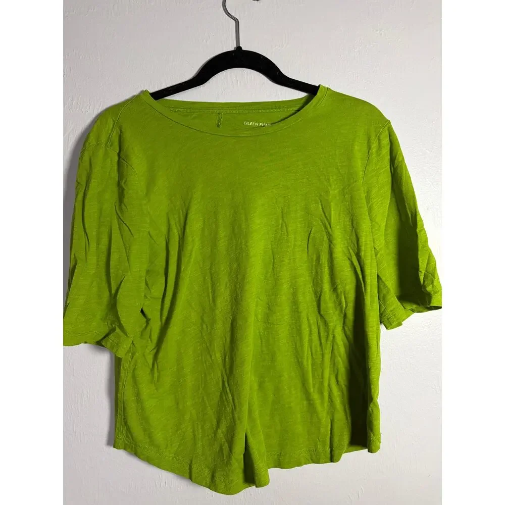 NEW Eileen Fisher 100% Organic Linen Tee Womens M Green Slub Jersey Short Sleeve - Picture 2 of 6